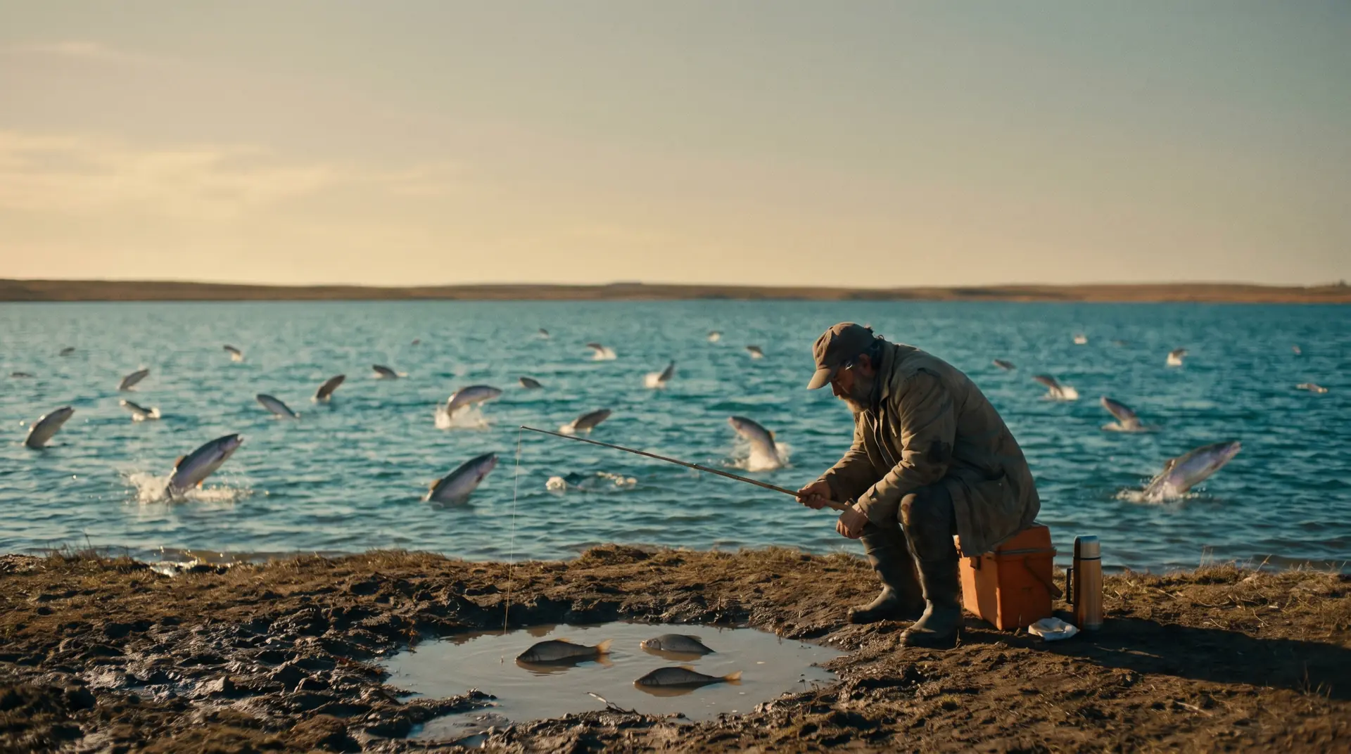A fisherman casting into a tiny muddy puddle while a vast lake full of leaping fish goes unnoticed behind him.